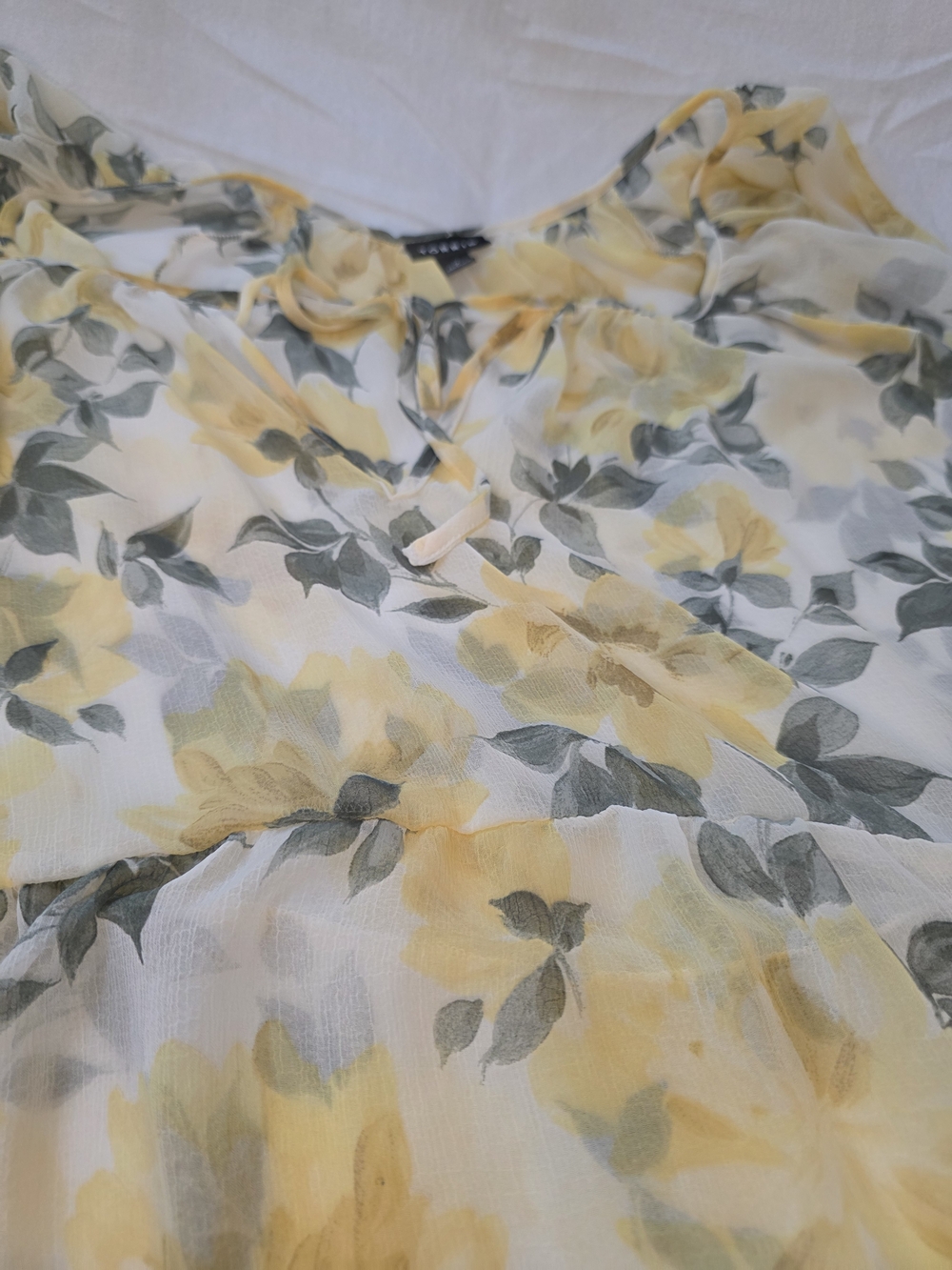 Floral Tie-Neck Chiffon Blouse - Yellow/Gray
